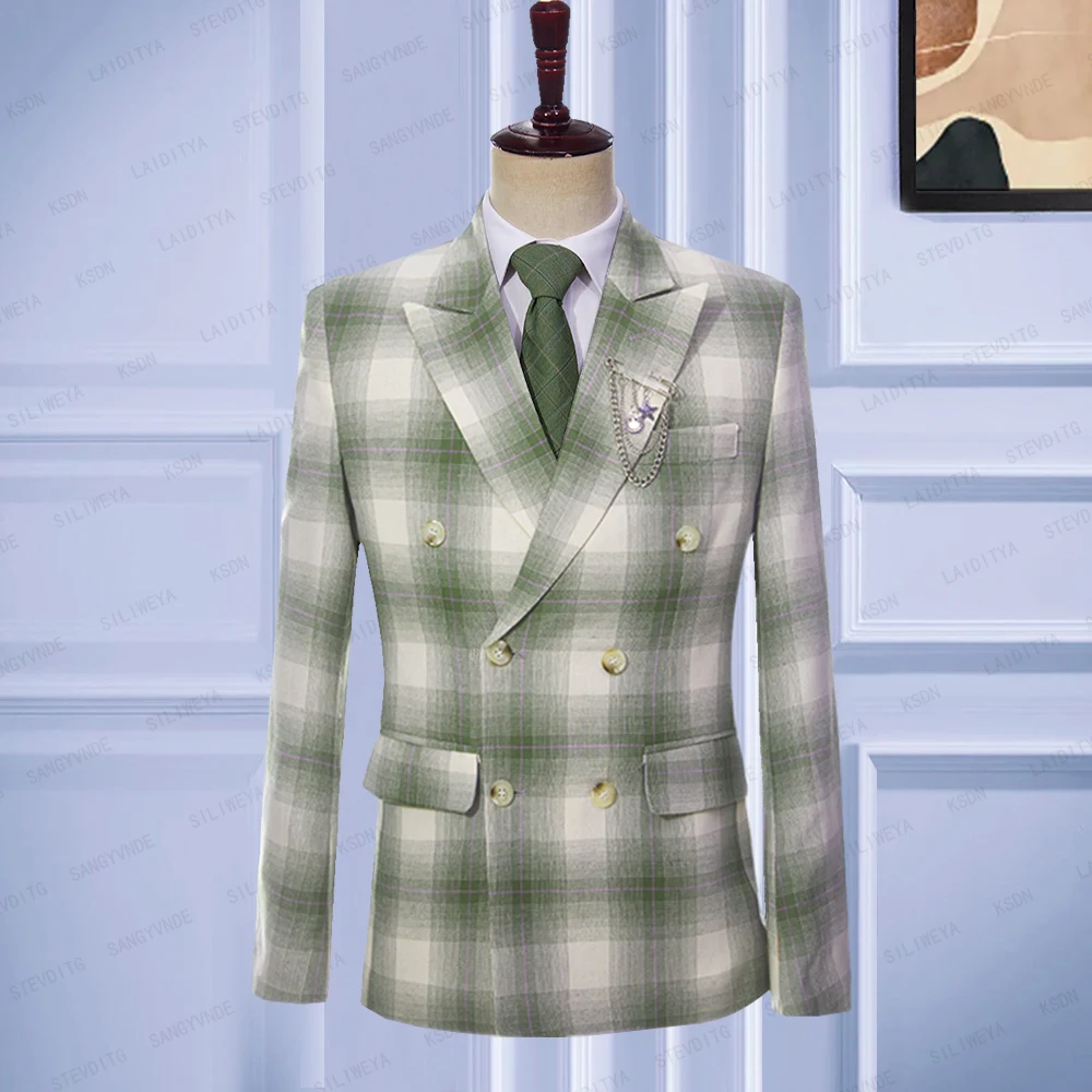 

2023 Summer New Fashion Men Suit Light Green White Classic Plaid Linen Tuxedo Groom Casual Business Wedding Jacket Blazers Coat
