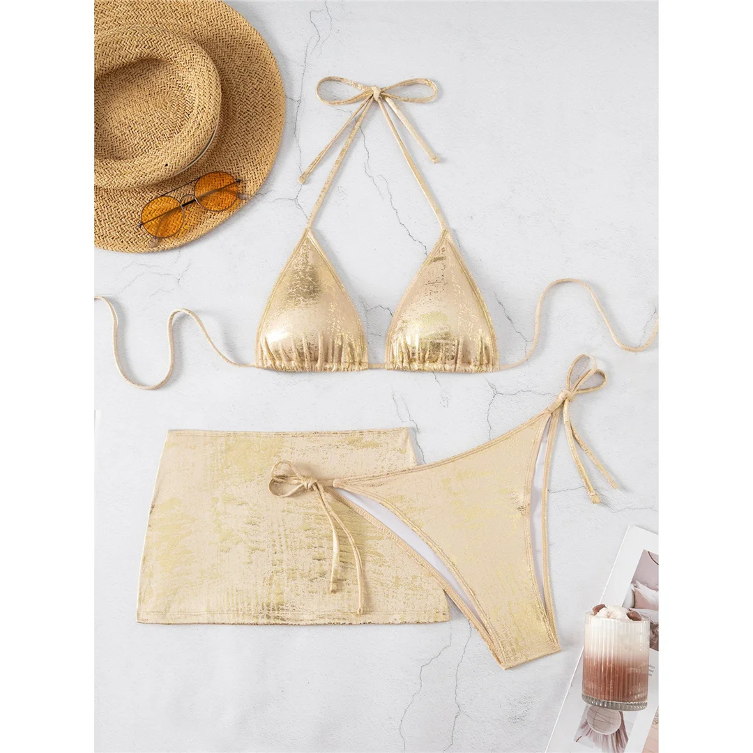 3-teiliges Set mit Rock, aus Kunstleder, Damen-Bikini, Damen-Badebekleidung, dreiteiliges Bikini-Set, mit Trägern, Badeanzug, Badebekleidung, Modell V8378. – Detail 4