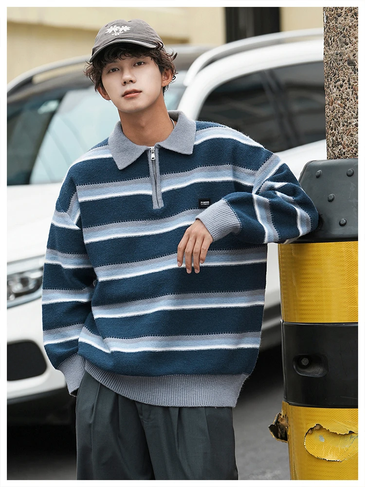Spring and Autumn New Japanese Style Men's Blue Half-Zip Sweater Loose Casual Striped Green Navy Blue Turn-Down Collar Knitwear