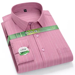 Bamboo Fiber Men Shirt Long Sleeve Elastic Anti-wrinkle Regular Fit business Formal Social pink Blue Striped checkered print 4XL