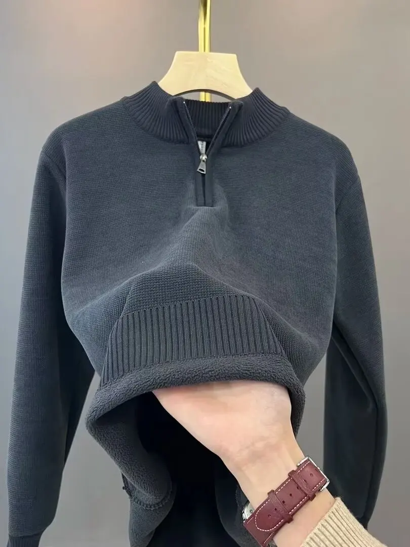 

Men's Fce Lined Knitted f Zipper Collared Sweater Warm Casual Long Sve Top for Winter Cleanfit Loose Fit American Sle