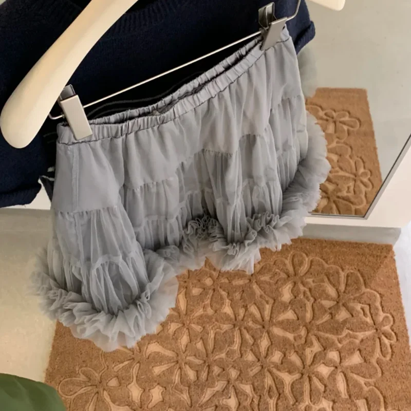 Lolita Style Gray Beige Ruffle-Hem Short Mini Tulle Skirts Woman Spring Summer High Waist Mesh Tutu Skirt For Dance Y2K Clothes