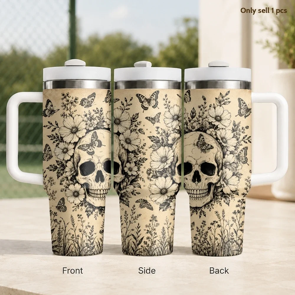 Halloween Skeleton Vacuum Flasks 40oz Stainless Steel Travel Tumbler with Handle Straw Lid Double Wall Vacuum Insulated
