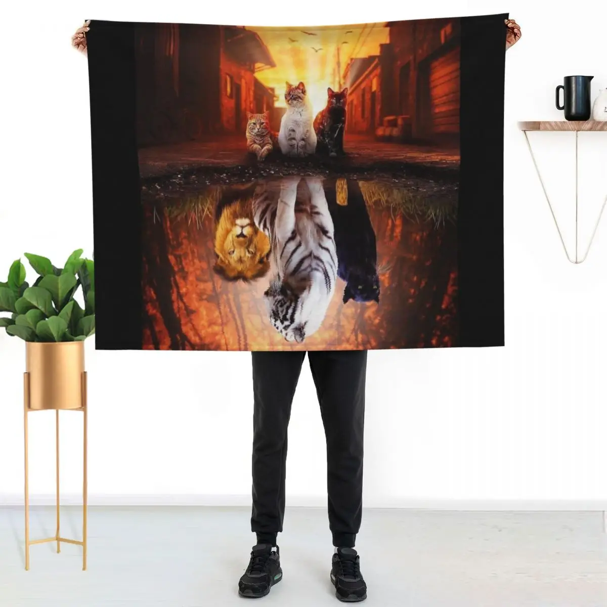 Cat vs Tiger - Cat is Tiger Reflection Throw Blanket Luxury valentine gift ideas cosplay anime manga Flannels Custom Blankets