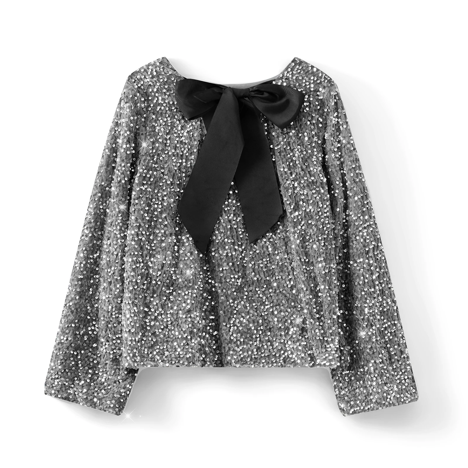 Combhasaki Women's Y2K Party Clubwear Shiny Glitter Sequined Crop Tops Long Sleeve Round Neck Back Ribbon Big Bow Tied T-Shirts