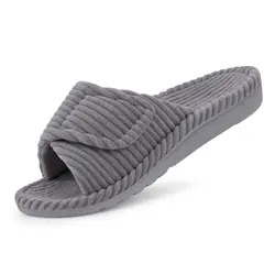 Litfun Open Toe House Slippers For Women New Corduroy Indoor Flat Slides With Adjustable Strap Four Season Lady Orthopedic Shoes