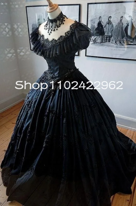 

Black Gothic Victorian Princess Prom Dresses Ruffles Neck Lolita Puffy Skirt Bustle Lace-up Corset Evening Occasion Gown