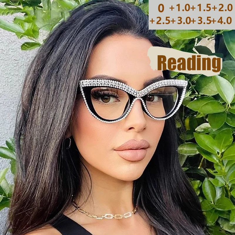 Cat Eye Diamant Intarsien Neue Stil Persönlichkeit Mode Party Sammeln Anti-blau Licht Lesebrille Straße Schießen 8518-1