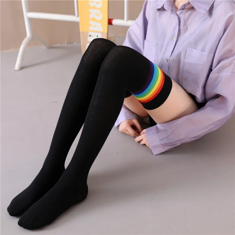 Autumn Winter Rainbow Striped -Length Calf Socks over the Knee Stockings Cotton Japanese and Korean College Style