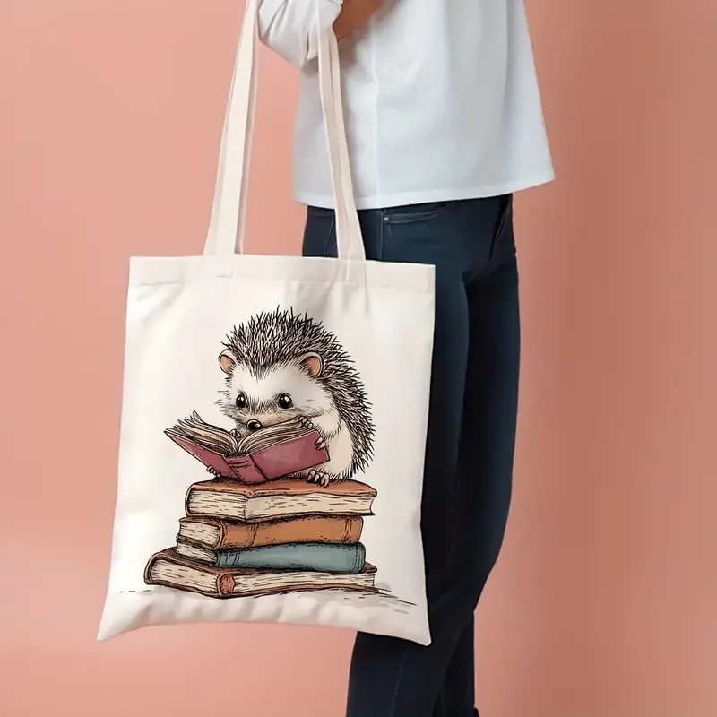 

1pc Hedgehog Reading Books Canvas Tote Bag - Canvas for Shopping, Commuting, School, Beach Use - Perfect Gift for Animal Lovers