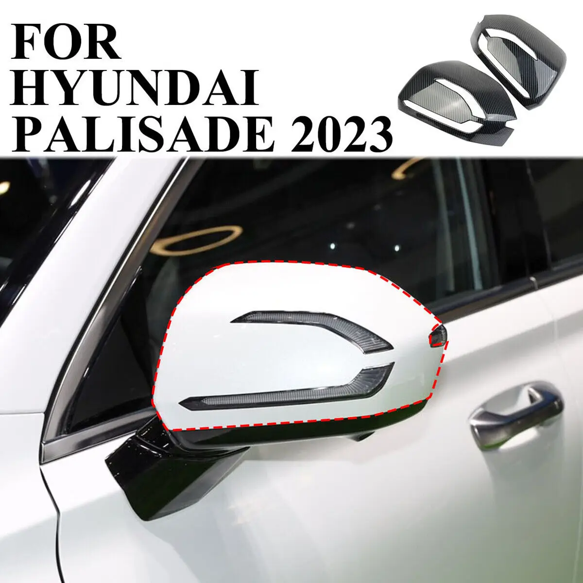 For Hyundai Palisade 2019-2023 Rearview Side Mirror Cover Wing Cap Exterior Door Rear View Case Trim Carbon Fiber Look Silver