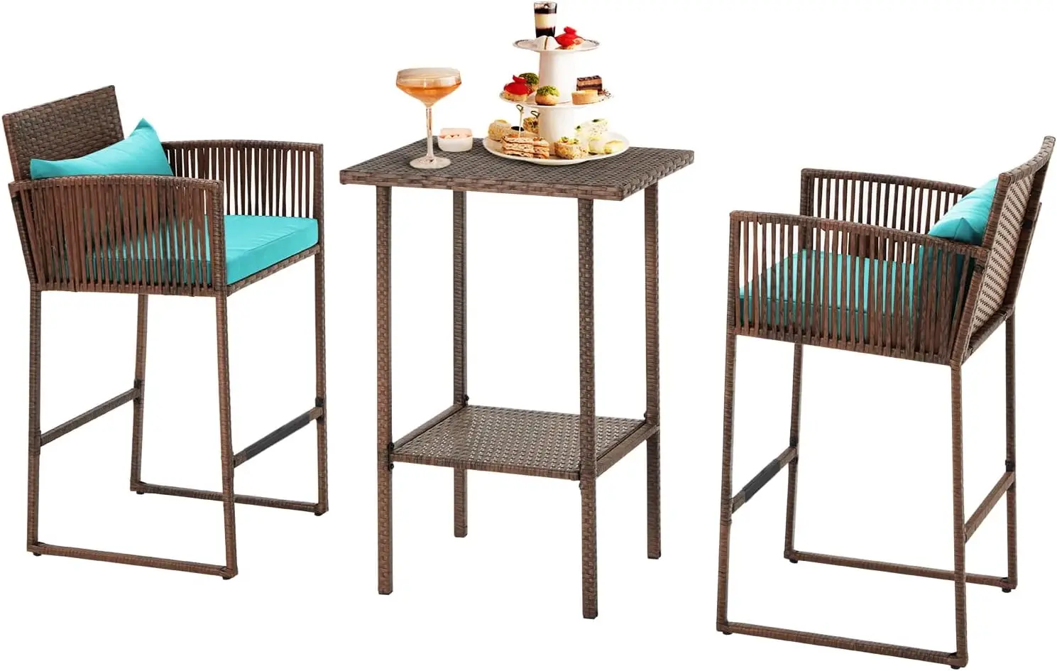 

3-Piece Patio Barstool Table Set, Outdoor Bistro Rattan Wicker Furniture, Height Table & Chairs for Back Yard, Poolside, Balcony