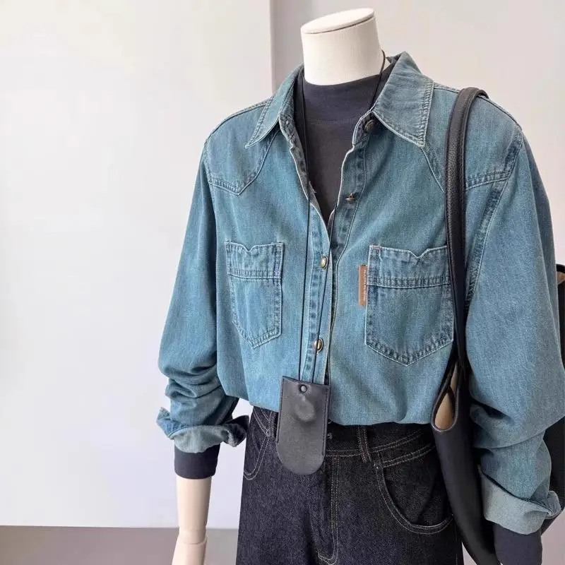 Camisa vaquera azul estilo Retro de Hong Kong diseño de otoño e invierno abrigo nuevo camisa Top