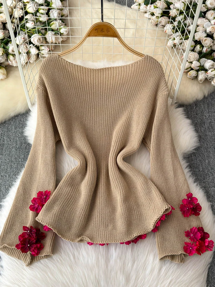 Women's Khaki Pullover Sweater Harajuku Vintage Korean Y2k Long Sleeves 3D Floral Cashmere Sweater Jumper 2000s Clothes Autumn