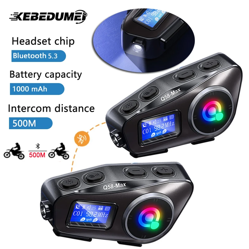 Motorcycle Intercom Helmet Headset FM Radio BT 5.3 Intercomunicador Moto Music Sharing LCD Display Flashlight 500M Interphone