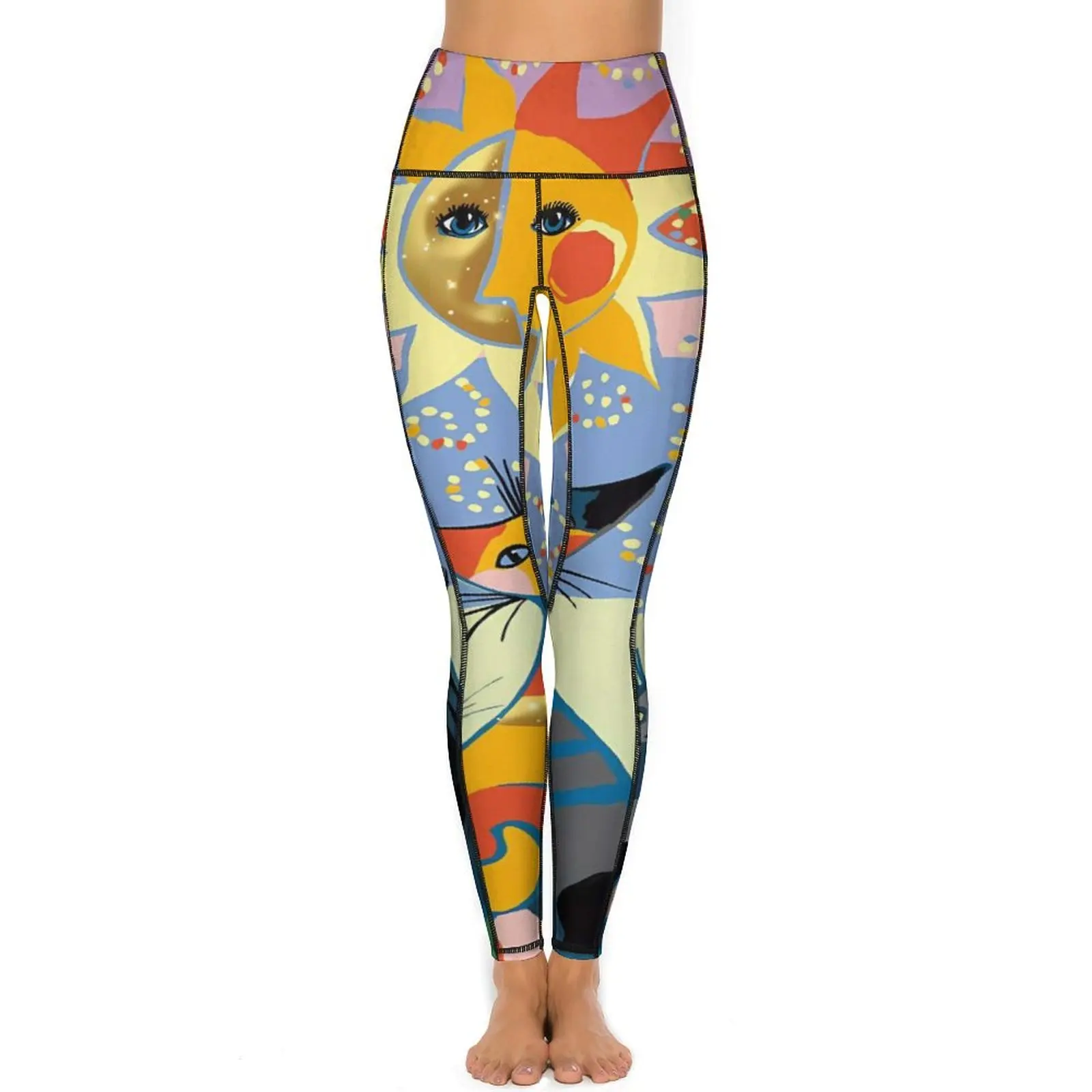 Pantalones de Yoga abstractos de sol y gato, mallas con estampado de animales, mallas deportivas de Yoga elegantes con realce, mallas elásticas para gimnasio y Fitness