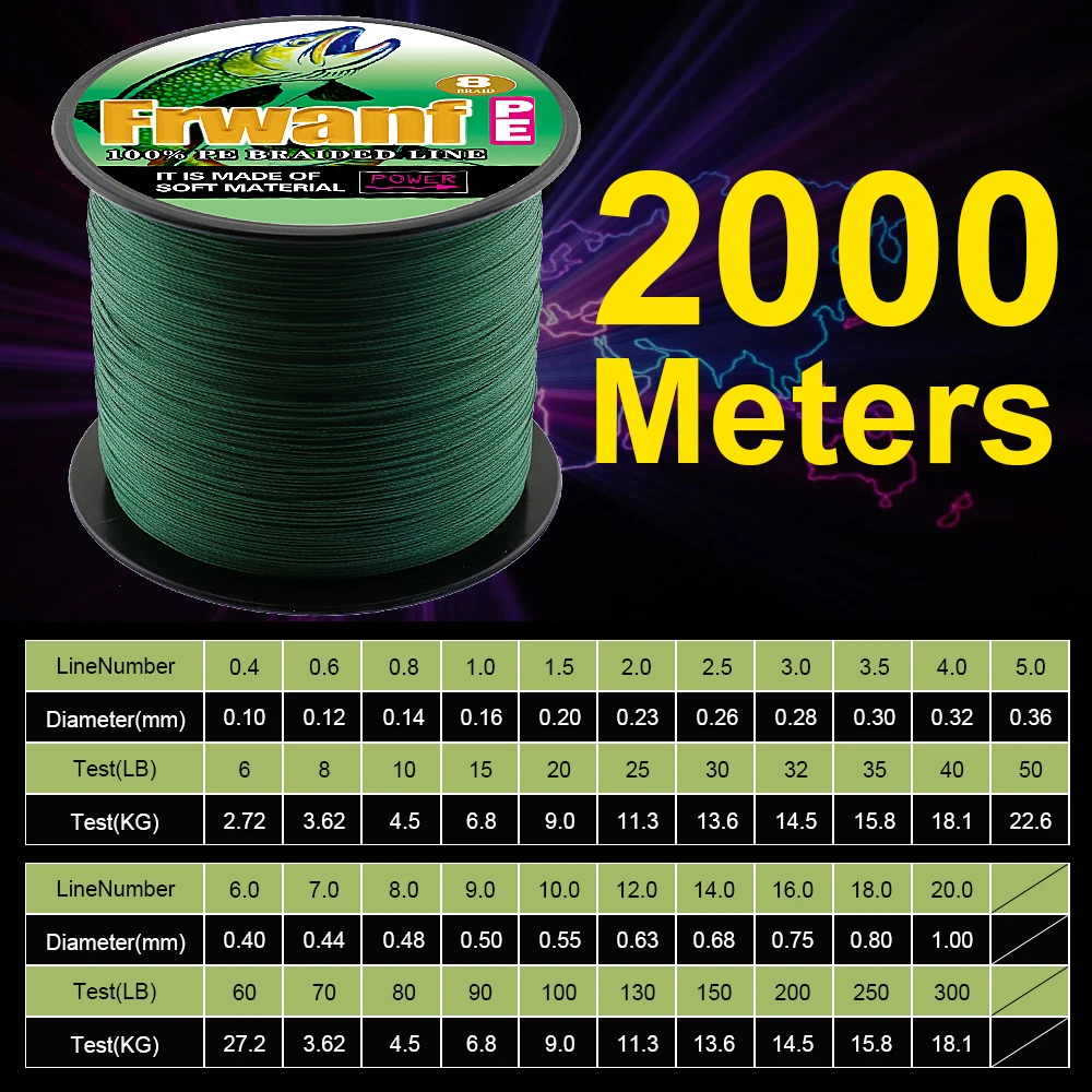 

Frwanf 2000m Braided Fishing Line 8 Threads Braid Fishing 8 Braid Super Strong Underwater Hunting Multifilament Line 6LB -300LB