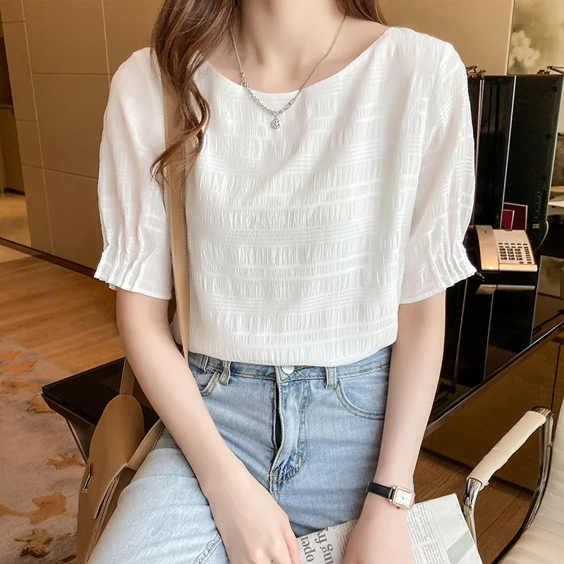 2024 Summer New Women Korean Niche Simplicity Solid Color Comfortable Sweet Westernization Appear Thin Short Sleeved T-shirt