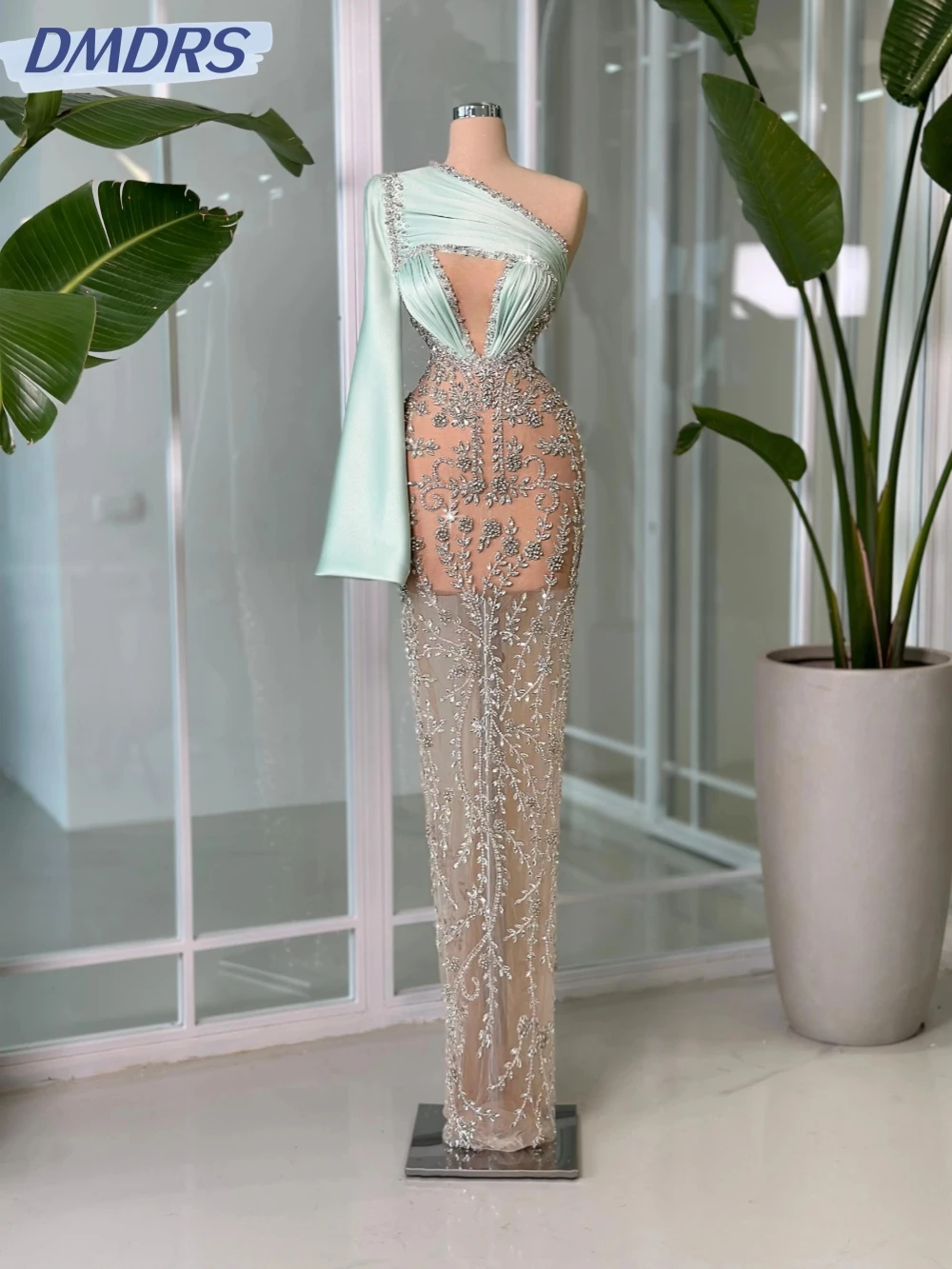 

Luxury Beaded Straight Long Evening Dress Illusion One Shoulder Wedding Party Gown 2026 Customized Shiny Crystal Prom Dresses
