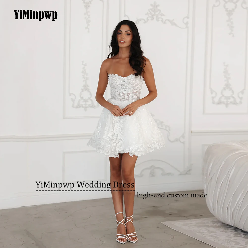 

Customized Strapless Lace Wedding Dresses 2025 Women A Line Sleeveless Applique Mini Bridal Gown vestidos de novia Above Knee