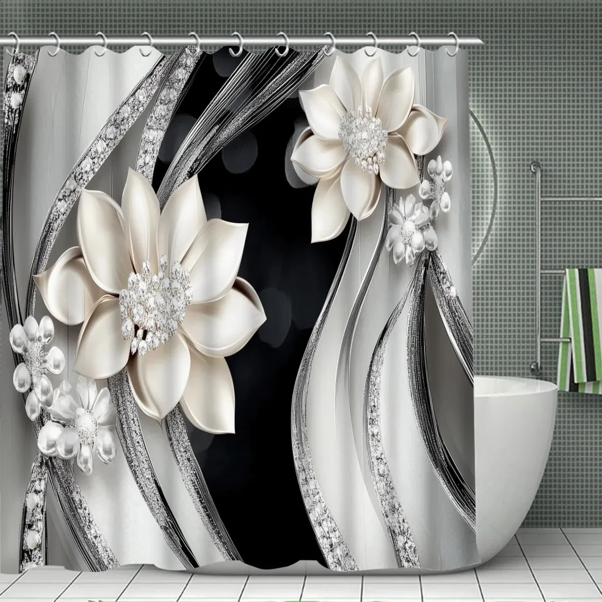 4 Pcs 3D Diamond Flower Shower Curtain Set Waterproof Fabric Bath Curtain Silver Non-Slip Bath Mat Toilet Lid Cover Decor