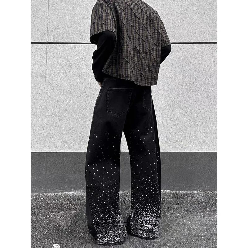 الرجال الأسود القوطي Y2k ايمو الجينز Harajuku خمر فضفاض سراويل جينز اليابانية 2000s نمط الجرونج حجر الراين الجينز السراويل الملابس #3