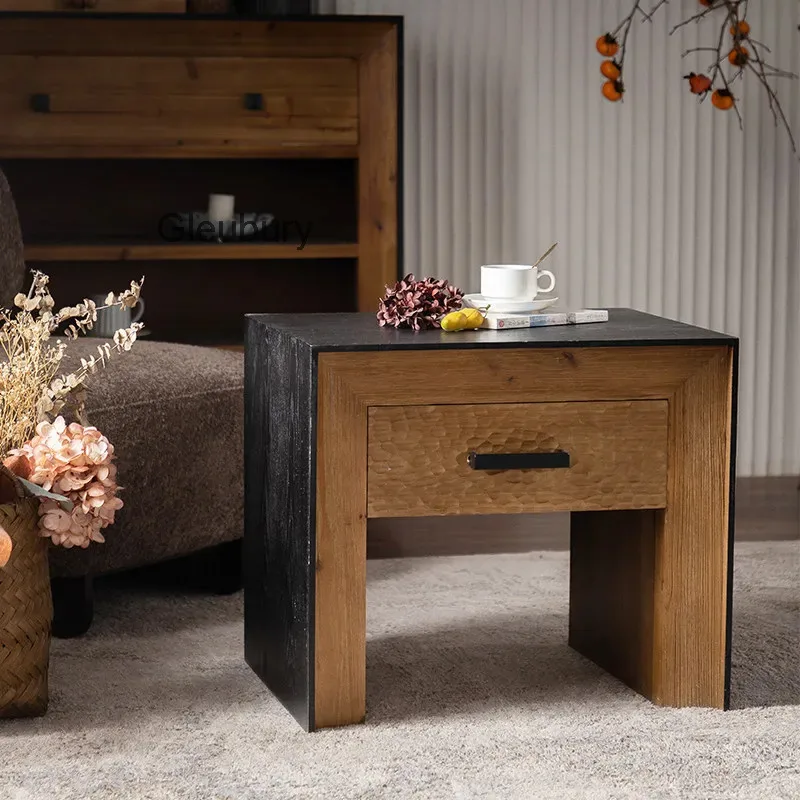 Wood Vintage End Table, Square Side Table with Hammered Drawer, Rustic Accent Nightstand for Living Room, Bedroom & Sofa Side