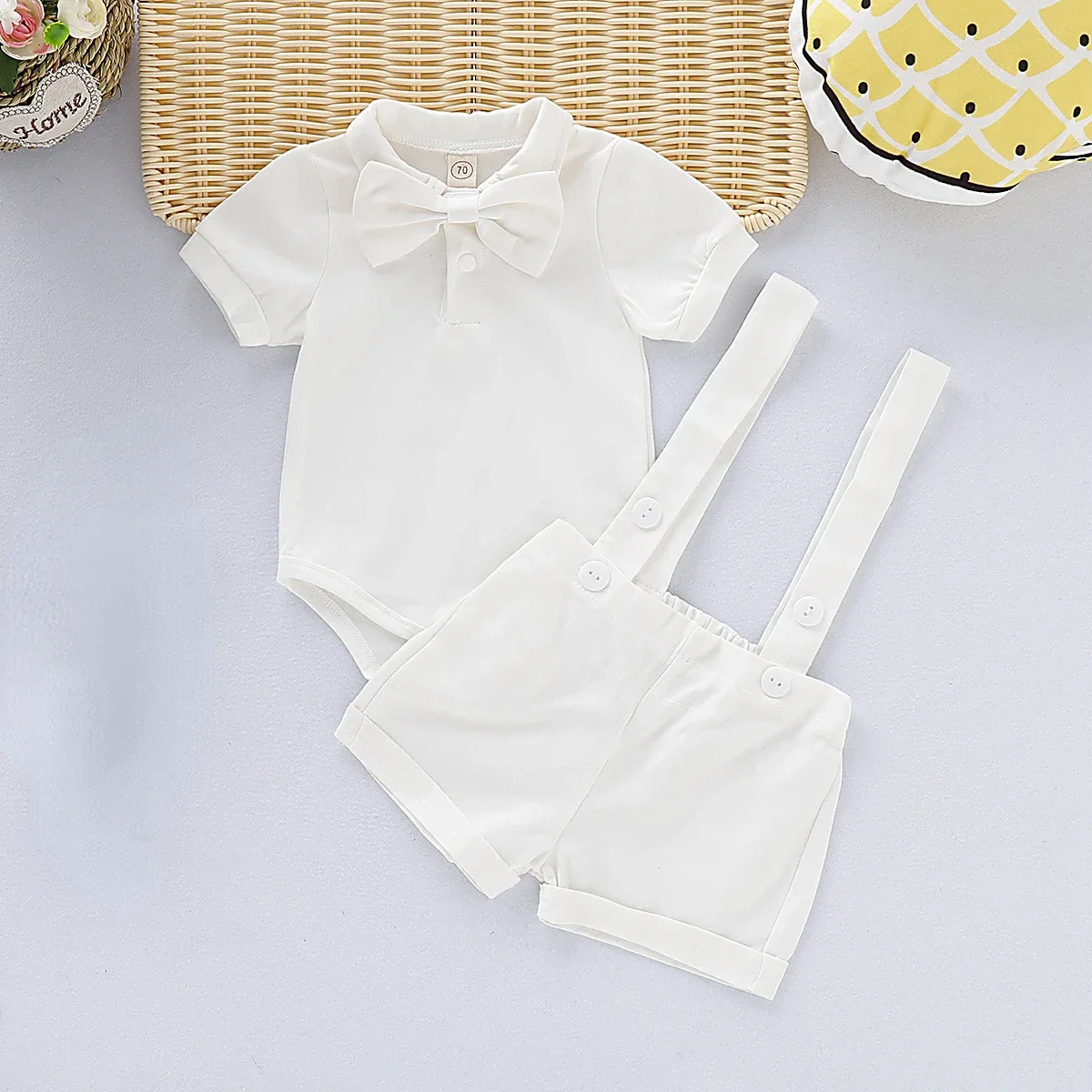 White Christening Clothes Baby Boys Gentleman Romper with Suspender Pants Shoes Birthday Cake Smash Outfit 0-24M