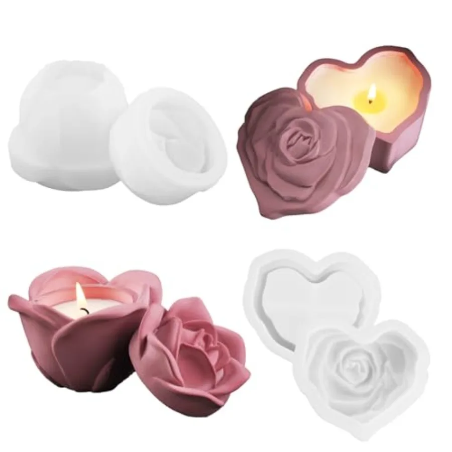 2Pcs Resin Jar Mold with Lid Rose Epoxy Resin Mold Heart Silicone Bowl Molds for Candle
