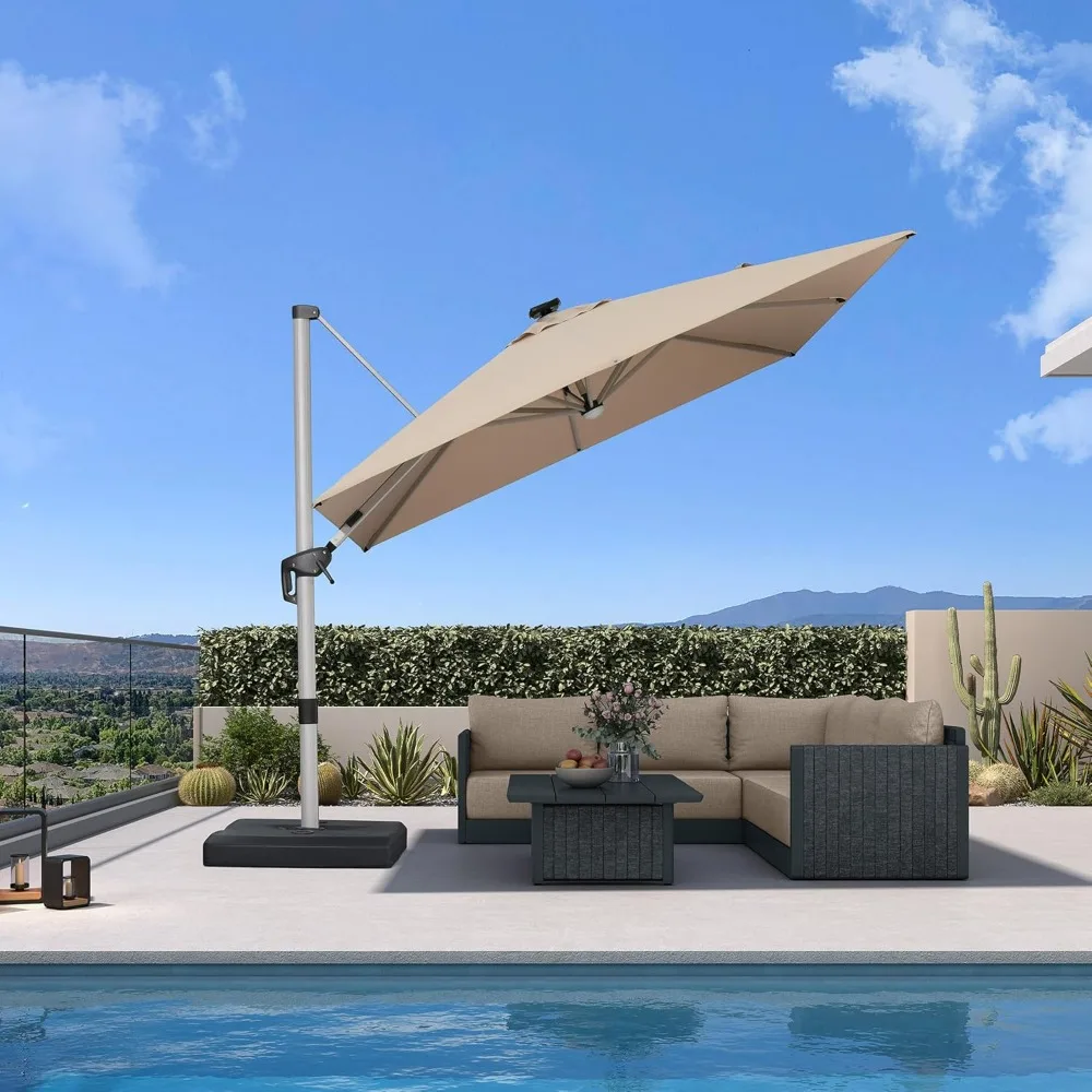 

Patio Umbrella with Base 10 Feet Outdoor Square Cantilever Umbrella Solar Powered LED with 360-degree Rotation for, Customized
