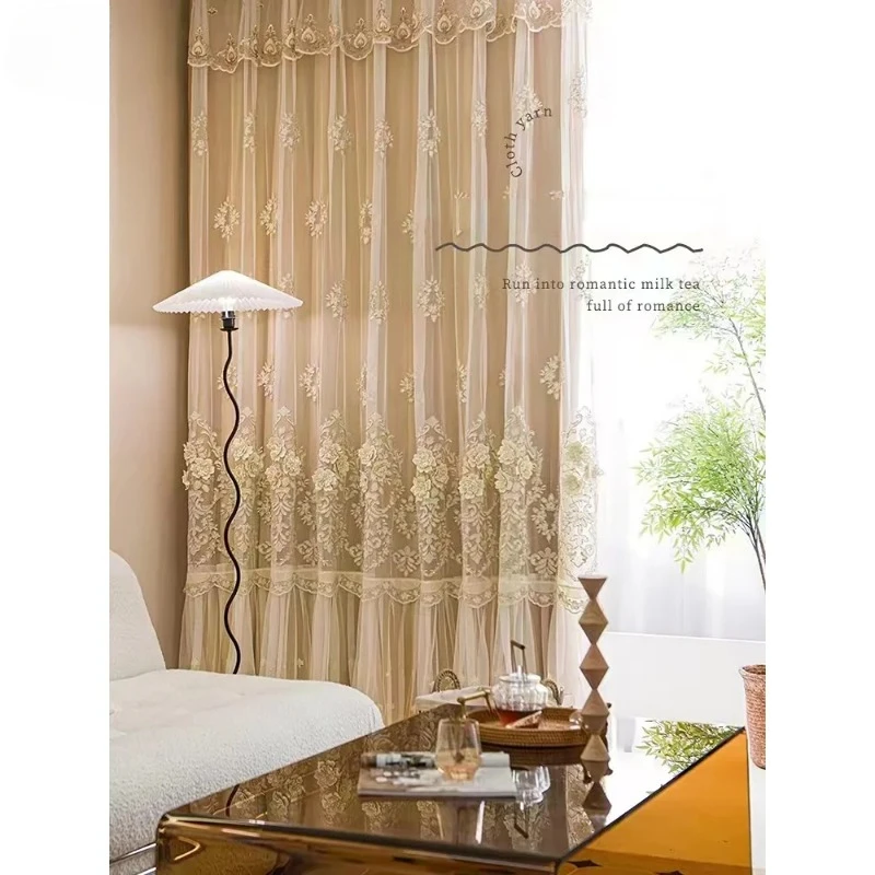 Customize French Luxury Double Embroider Tulle Curtain for Living Room Blackout Bedroom Cream Embossed Lace Window European