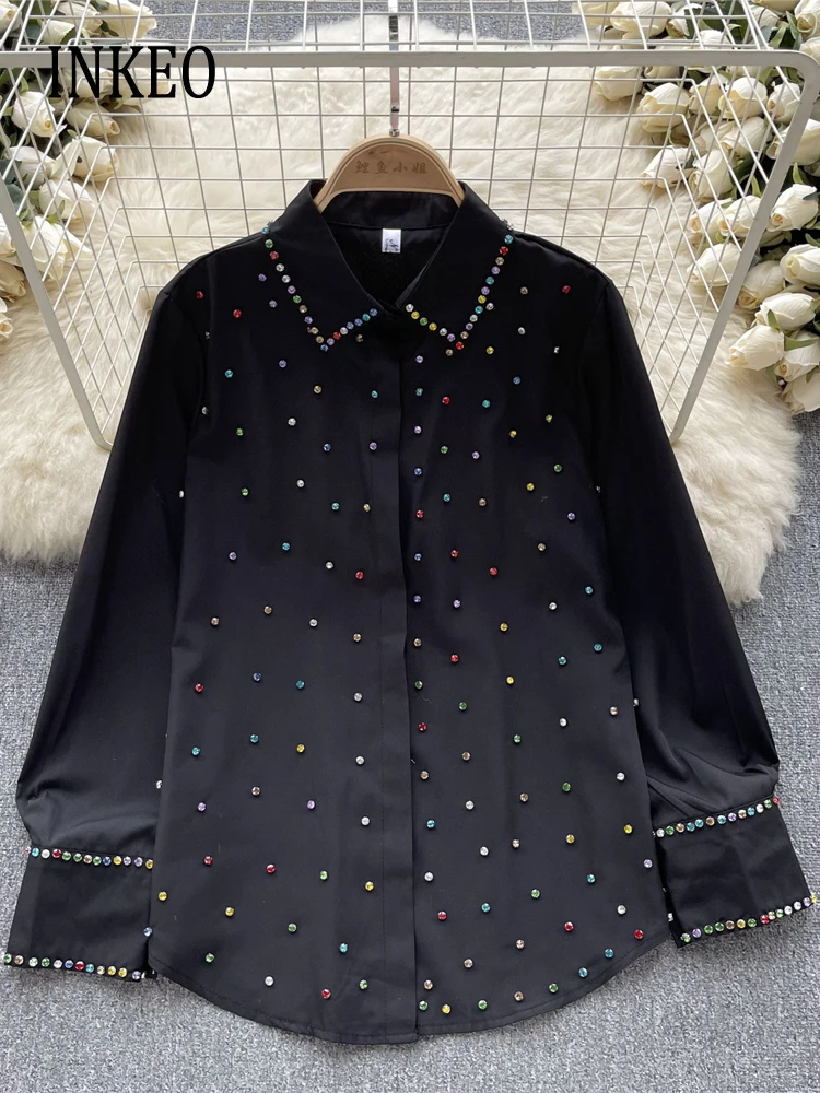 Luxury Rhinestones beading blouse for women Spring fall Long sleeve shirt Loose Korean style Top Solid color Chic INKEO 3T169