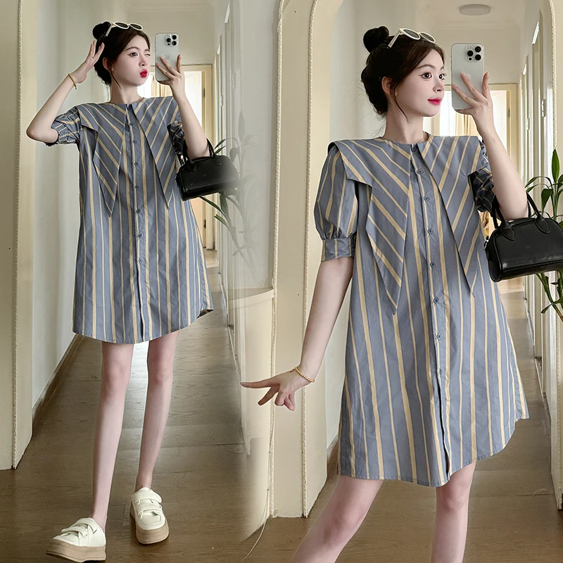 

Korean Style Maternity Summer Dresses Sailor Collar Short Sleeve Pregnant Woman Mini Dress Button Fly Short Lady Striped Dress