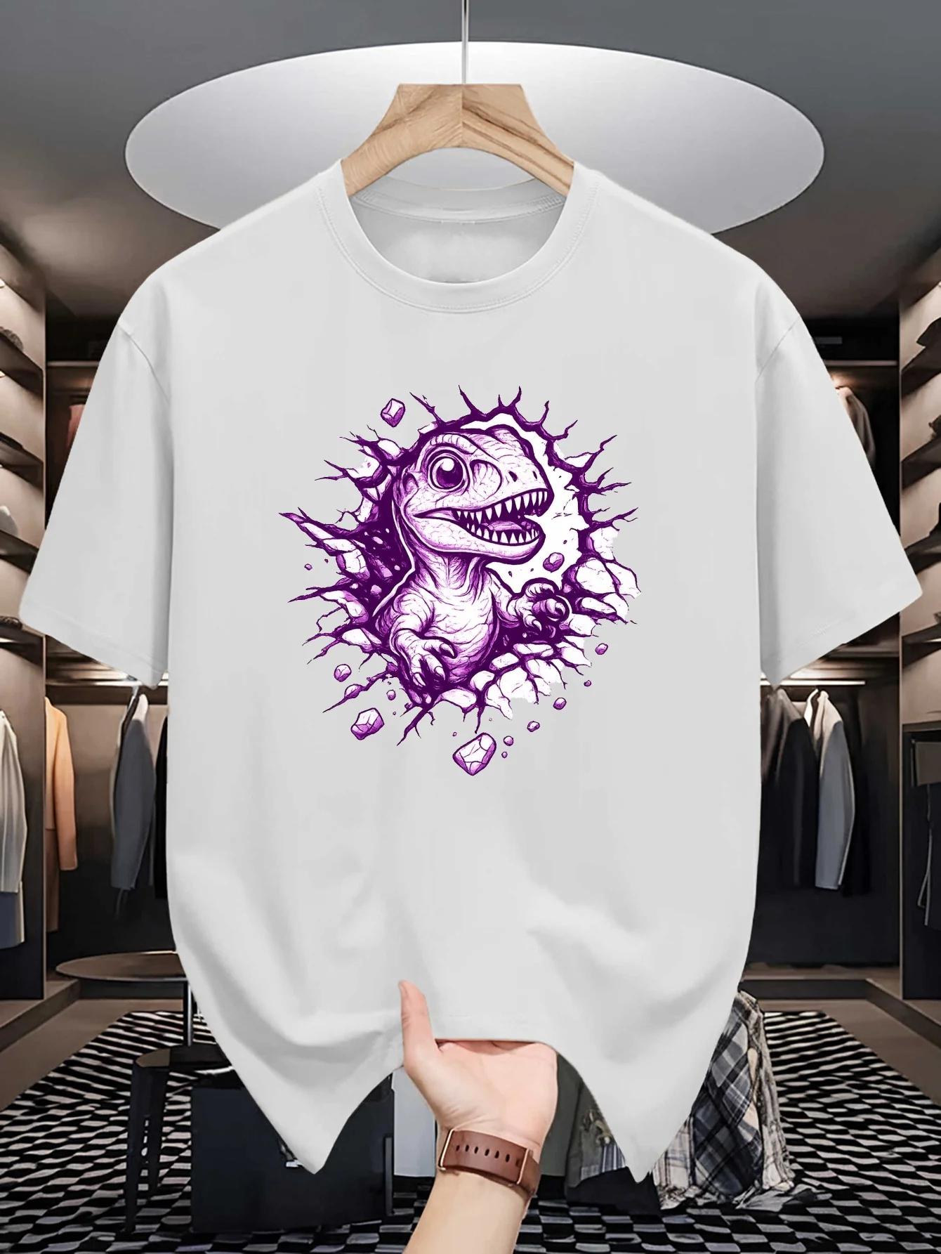 Cute Dinosaur Breaking Wall Graphic Mens Crew Neck T Shirt Purple Dino Art Print Short Sleeve Casual Cotton Summer Tops