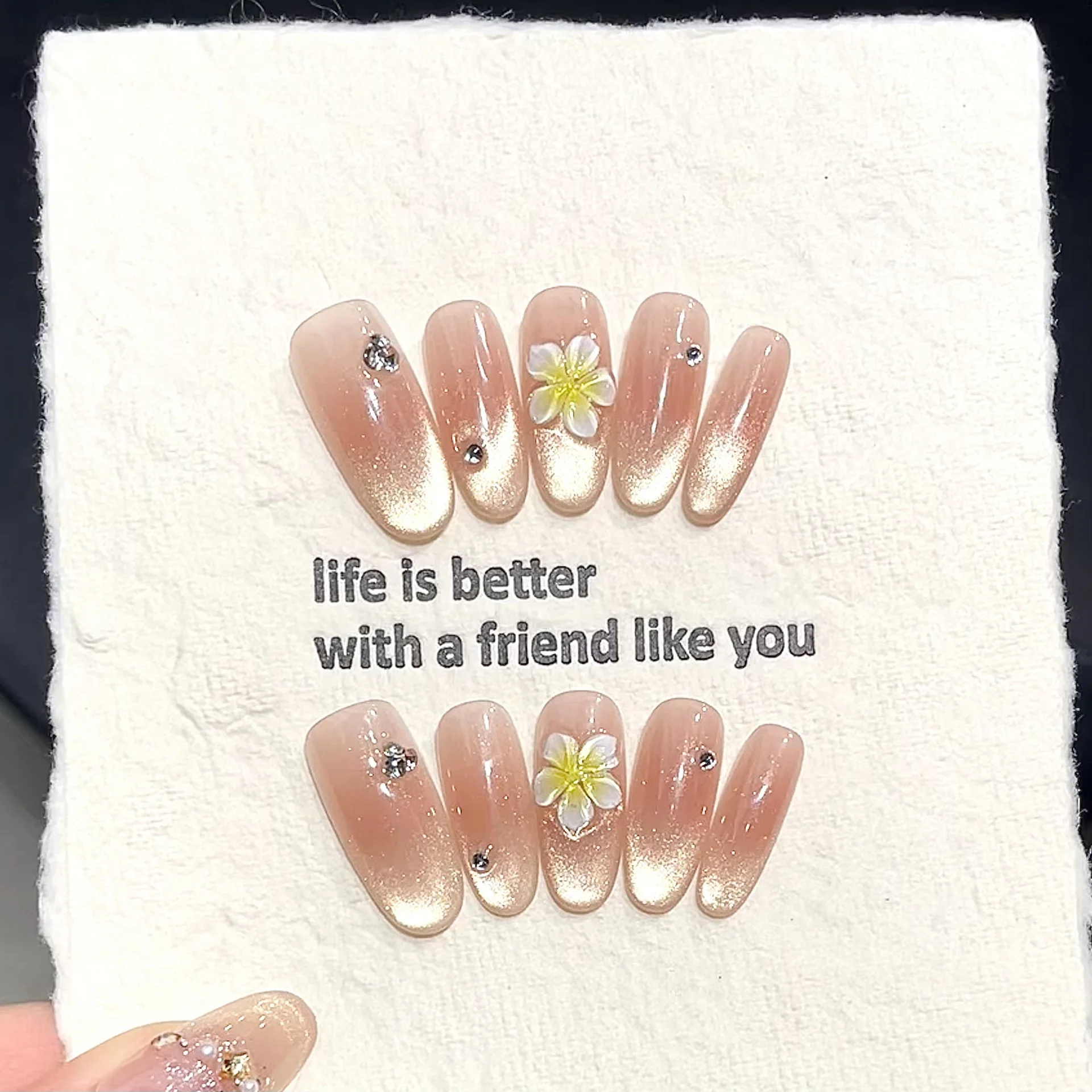 10 Pcs Handmade Press On Nails Summer Ice Transparent Pink Gold Gradient Glitter Plumeria Fake Nails Glitter Rhinestone Handmade
