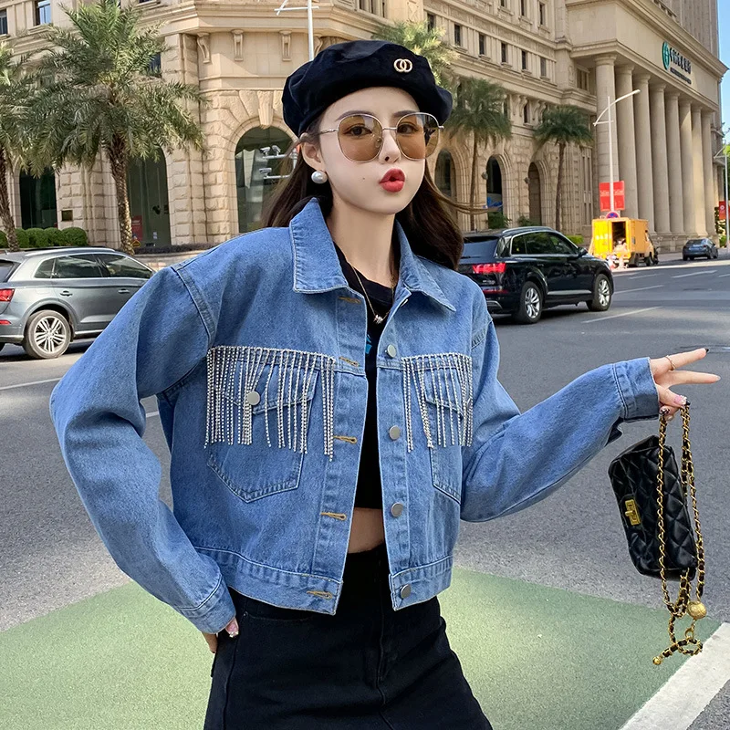 

Spring Auutmn 2023 Casual Tassel Loose Denim Jacket Women's Blue High Quality Student Cowboy Coat