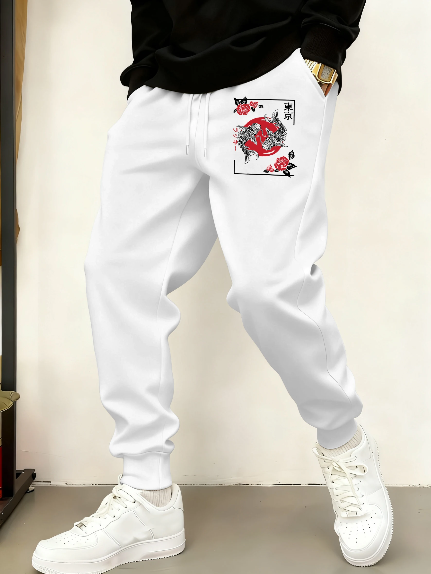 

Tokyo Koi Fish Rose Harajuku Print Drawstring Sport Pant Men Street Autumn Britches Pocket Fleece Pants Warm Versatile Sportpant