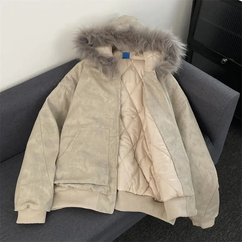 

Marble Pattern Quilted Cotton Jaet Men's Hooded Coat with Fur Collar Thiened Casual Sle for Teenagers in Winter