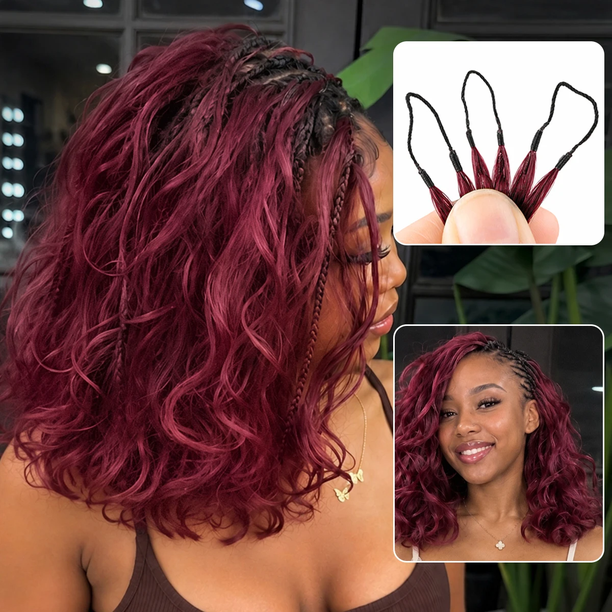Burgundy 99J Short Body Wave Crochet Human Hair Miracle Knots Feather Knotless Pre Separated Invisible Braiding Hair Extensions Boho Protective Style Soft Natural Lightweight Reusable DIY Salon For Women view 5