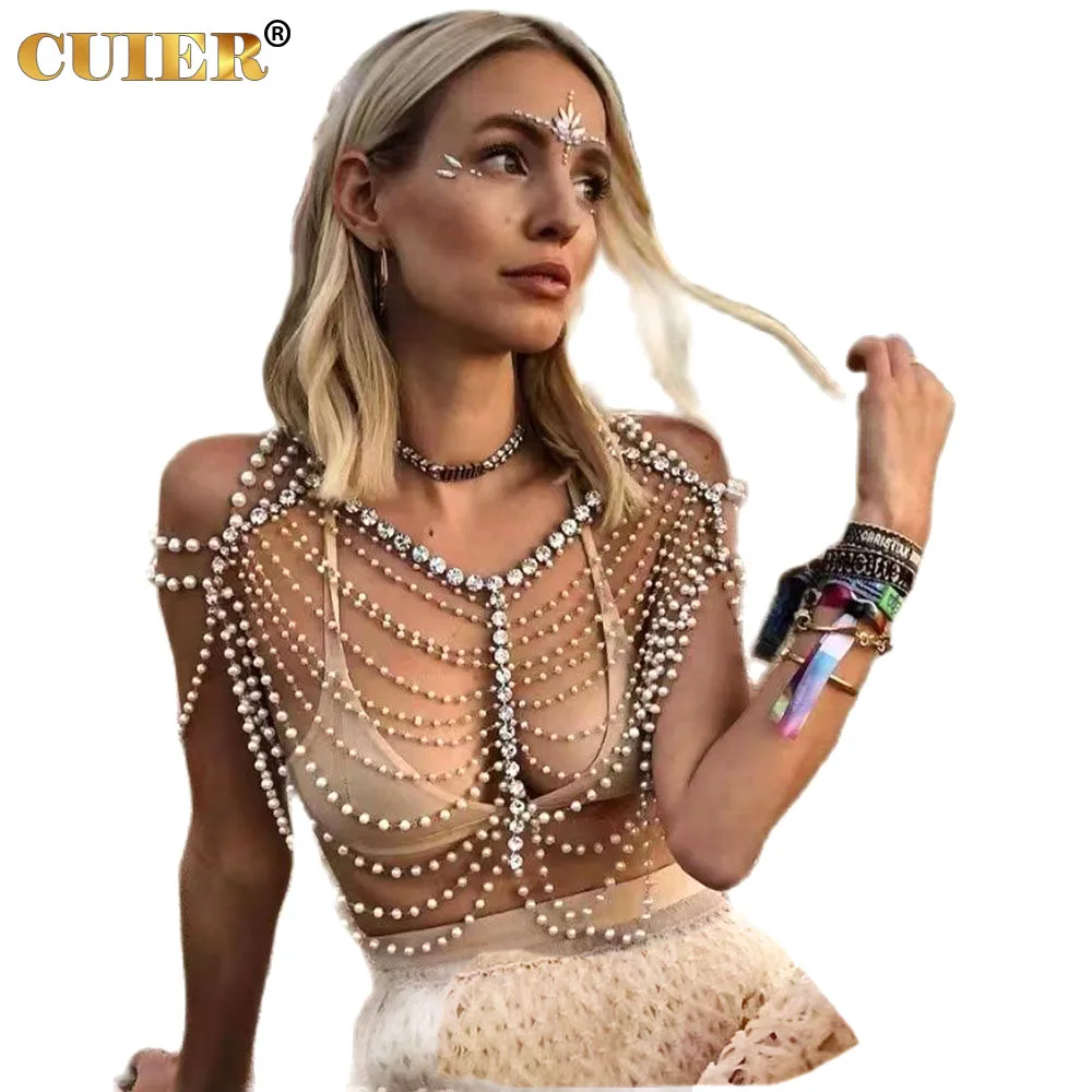 CuiEr Handmade White Pearl Sexy Tops for Women Rhinestones Crystal Bikini Fanatical Body Chain Jewelry Festival Outfit
