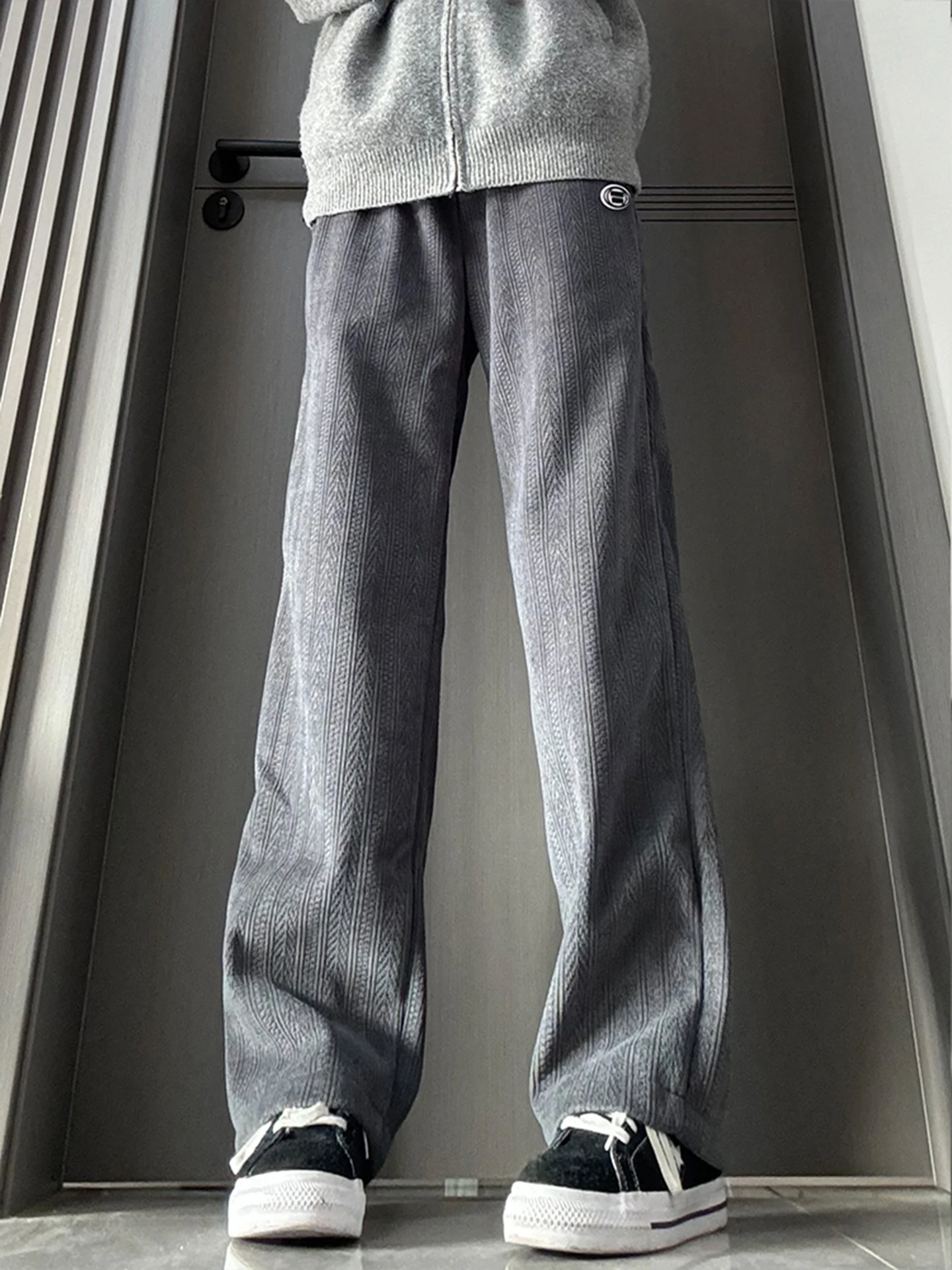 

ay Wheat Spike Pattern Fce Lined Knitted Men's Winter Straight Leg Casual Pants Slimming Bootcut Sports Leisure Trousers