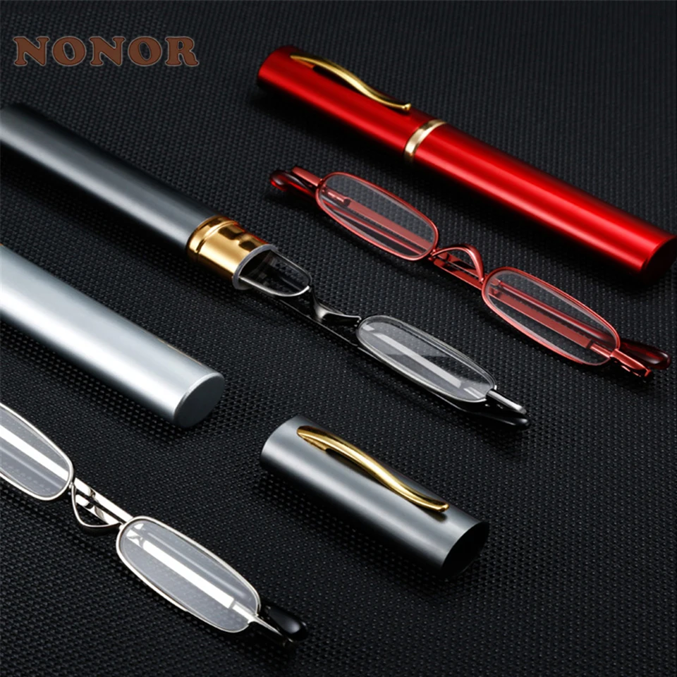 NONOR Mini Portable Metal Frame Unisex Reading Glasses Slim Pen Men Women Presbyopia Eyeglasses With Metal Case oculos de grau