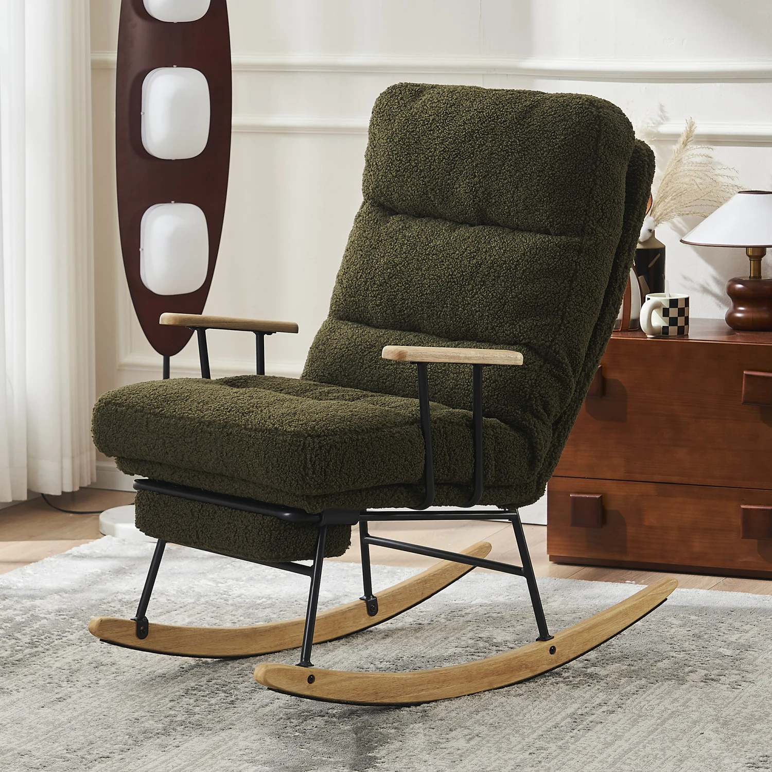 Modern Teddy Gliding Rocking Chair with High Back, Retractable Footrest, and Adjustable Back Angle for Nursery, Living Room, and