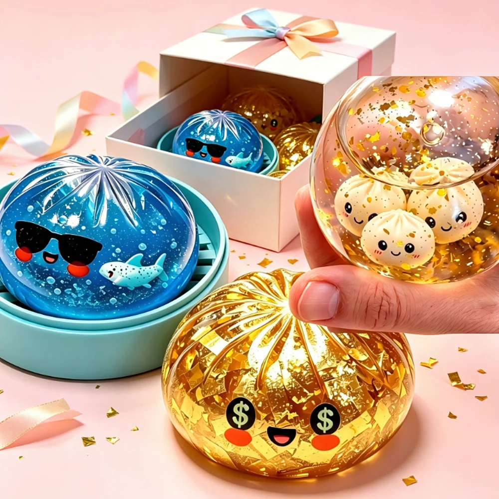 

2026 New Glitter Shark Dumplings Squishy Toy Soft Slow Resilience Mini buns Fidget with Steamer Steamed Stuffed Bun Pinch Le