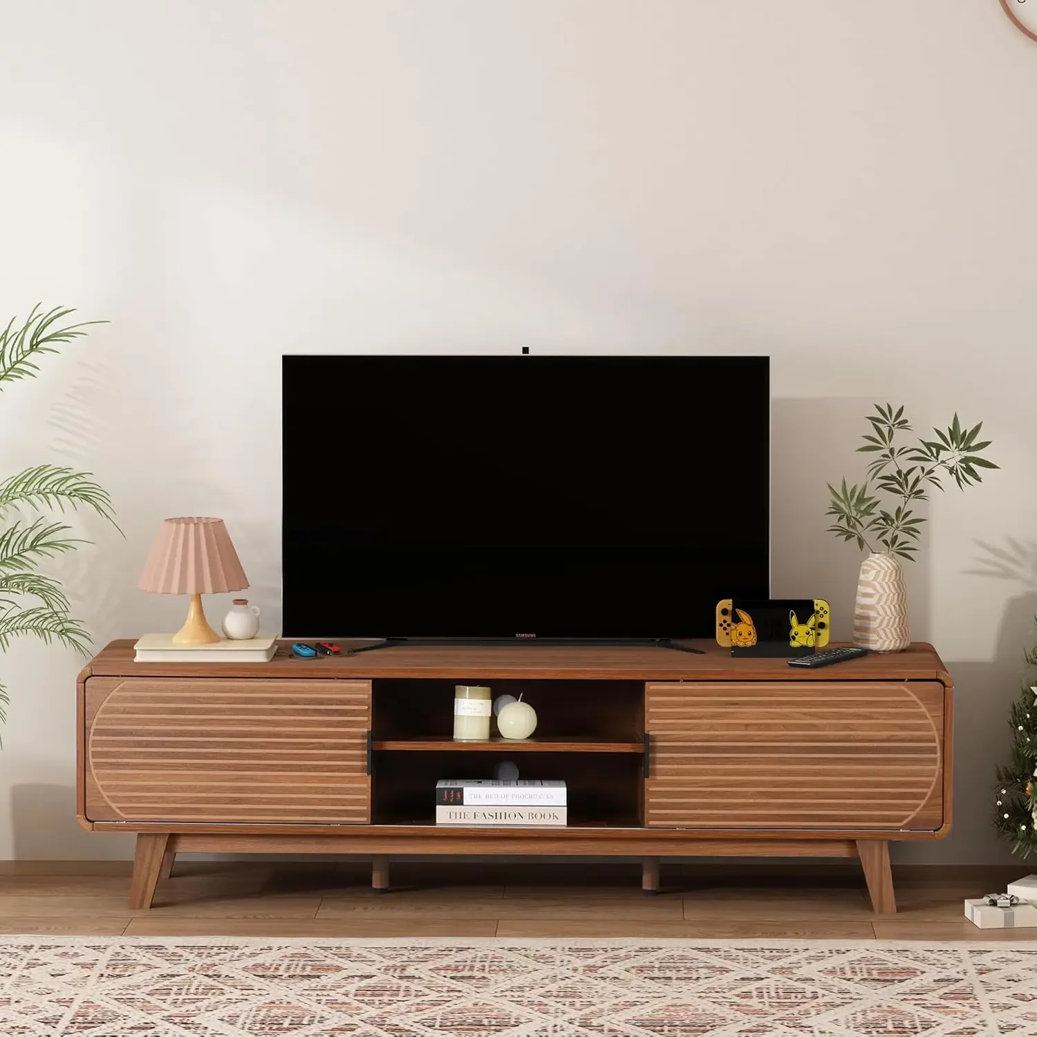 Mid Century Modern TV Stand for 55/60/65 Inch TV, 63" TV Console Table with Fluted Sliding Doors, Entertainment Center and Media
