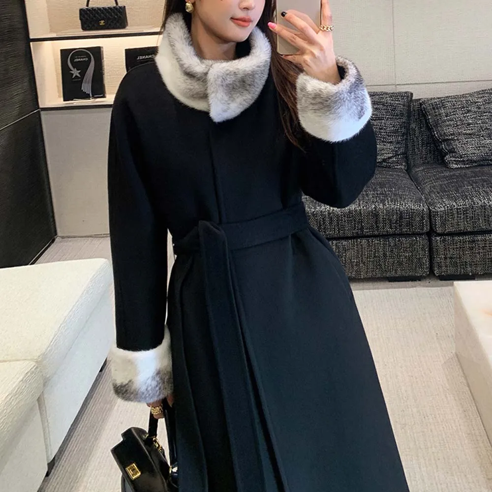 2025 Winter Women Thick Warm Cashmere Coat Elegant Black Overcoat Lace-up Patchwork Mink Fur Woolen Coats - Image 3