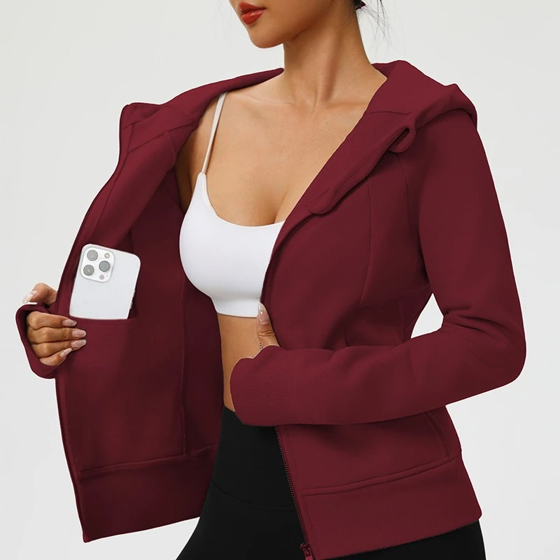Thickened Velvet Winter Women's Hooded Sweatshirt Jacket Daily Casual Sportswear Slim Fit Yoga Running Jacket with Thumb Hole