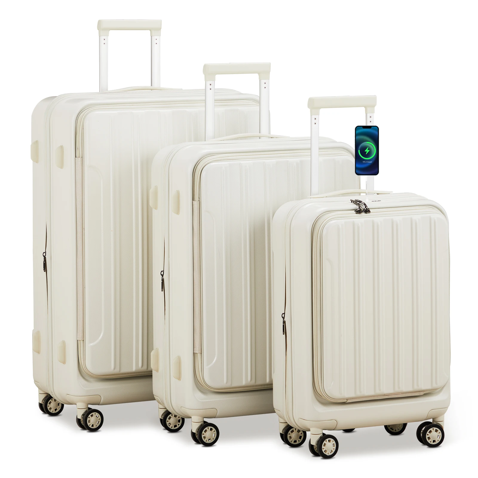 Luggage Sets 3 Piece, ABS+PC Front Open Hardshell Lightweight Luggages,Suitcase with TSA Lock & Double Wheels (20/24/28, White)