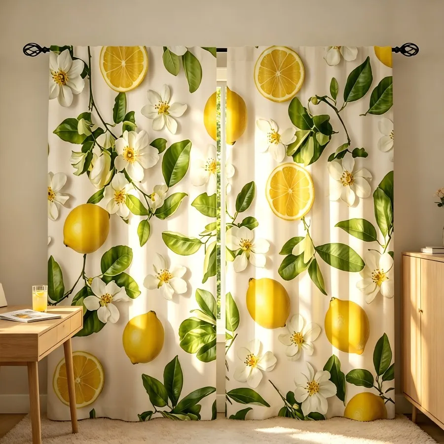 2PCS Digital Print  Curtain, Fresh Lemon White Flowers, Cute Cartoon Pattern  Curtain for Kids Room Bedroom Decor