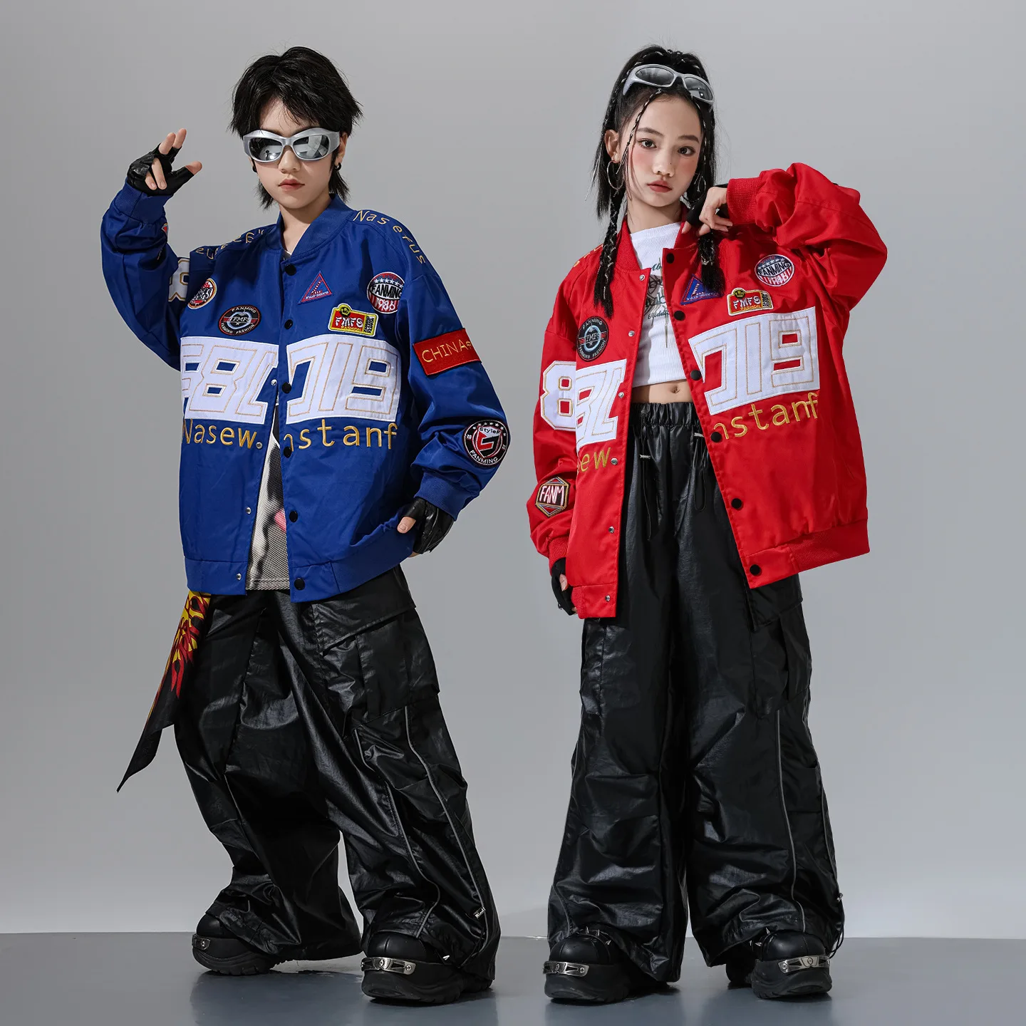 

Children Boys Girls Streetwear Hip Hop Fashion Embroidery Baseball Jacket Leather Pants Sets Kids Coat Trousers Suits Costume